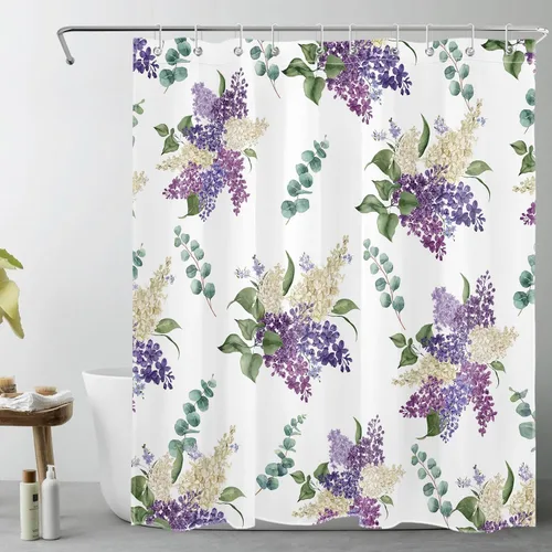 Vista 8 de EOBTAIN Cortina de ducha floral púrpura para baño, flores de acuarela y hojas de eucalipto verde sobre beige, cortina de ducha con 10 ganchos, juego