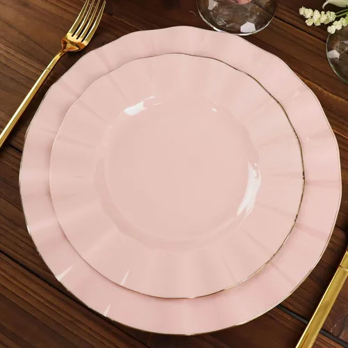 Vista 162 de Tableclothsfactory Paquete de 10 platos redondos de plástico negro de 6 pulgadas para ensalada de postre, platos desechables con borde ondulado