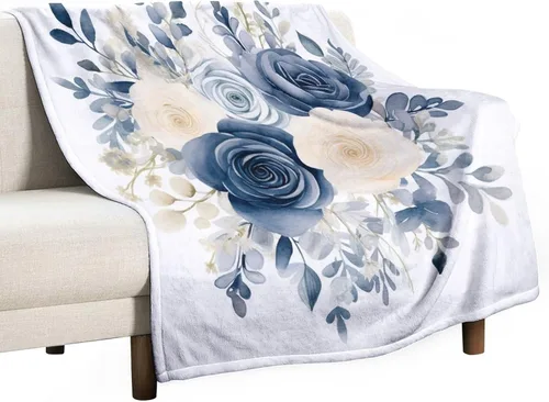 Vista 46 de Manta de flores de acuarela azul marino, bohemias, manta de acuarela floral con coronas de rosas y hojas de peonías, lujosa, cálida y acogedora