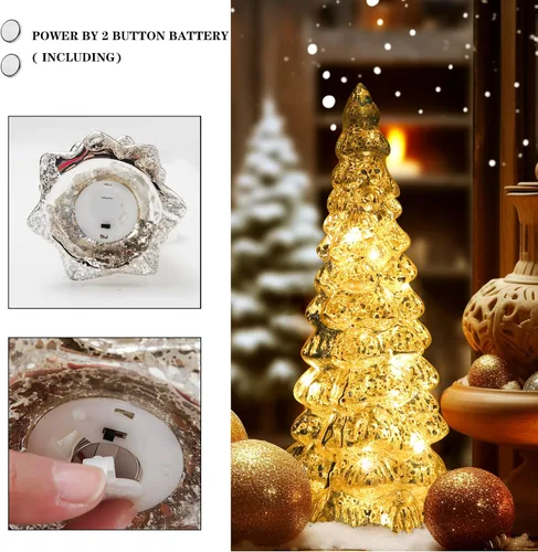 Vista 3 de Árbol de Navidad de vidrio decorativo con luz LED: 13.5" de alto, adorno de mesa de batería para las fiestas, decoración navideña de vidrio