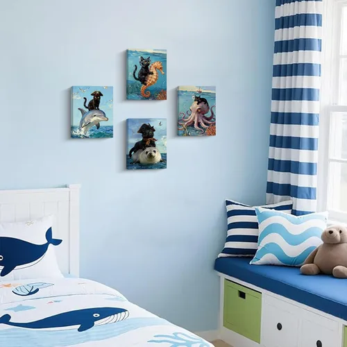 Vista 2 de Arte de pared enmarcado para baño, gato negro, aventura oceánica, póster de lienzo de 4 piezas de gato pirata náutico con caballito de mar, manatí