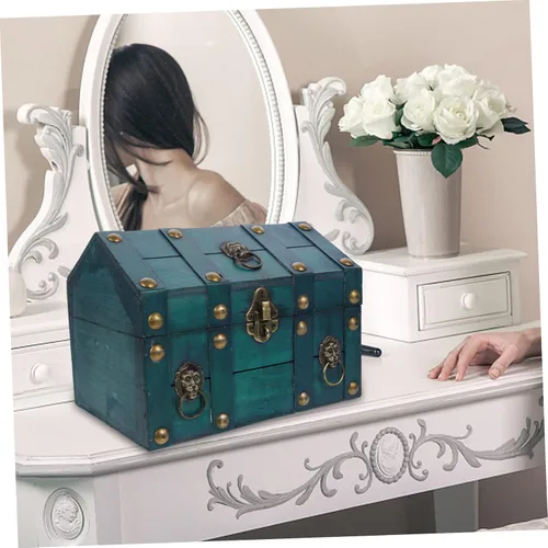 Vista 2 de Joyero de madera estilo retro para aretes, collares, pulseras, caja decorativa del tesoro con tapa, organizador de recuerdos para adultos
