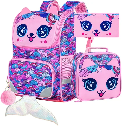 Vista 24 de KLFVB Mochila de 3 piezas para niñas y niños, bolsa de libros de dinosaurio de unicornio de 15 pulgadas con lonchera, bolsa escolar preescolar