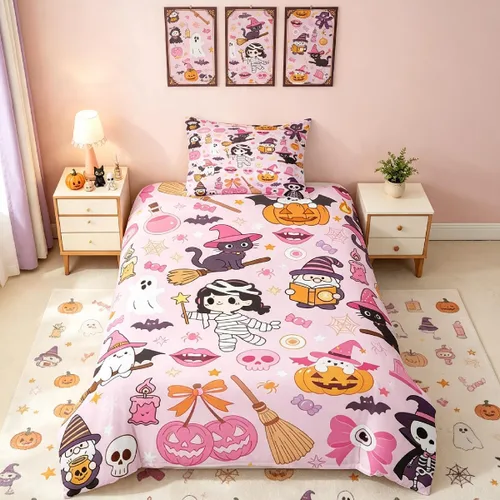 Vista 36 de Erosebridal Halloween Castle Pumpkin Duvet Cover Set Spooky Floral Cartoon Twin Bedding Sets for Girls Kids Boys Vintage Spooky Comforter Cover