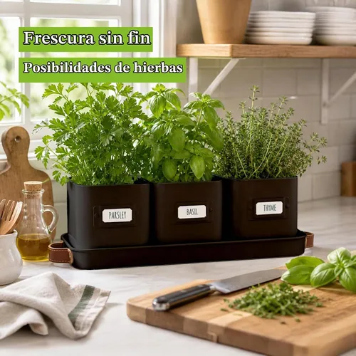 Vista 7 de volila - Juego de 3 macetas para hierbas de interior, color negro, con bandeja con asa de cuero - Estante de plantas para alféizar de ventana