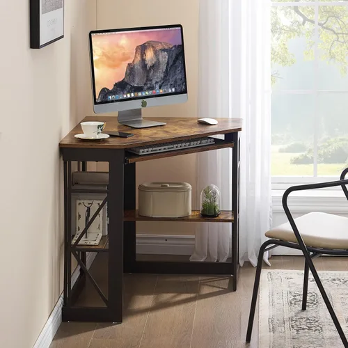 Vista 5 de VECELO - Escritorio de esquina para computadora, mesa de escritura con bandeja para teclado suave y estantes de almacenamiento, mesa triangular