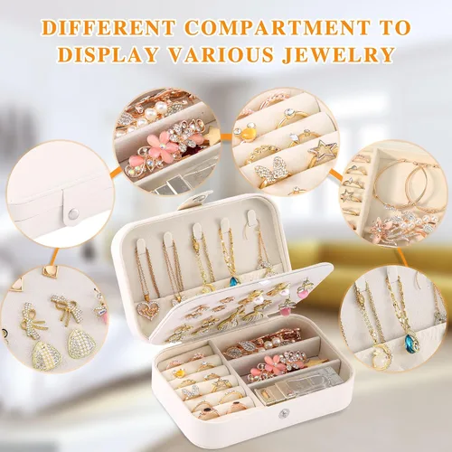 Vista 4 de Joyero de viaje, organizador de joyas pequeño de piel sintética para mujeres y niñas, mini estuche de viaje portátil de doble capa para guardar