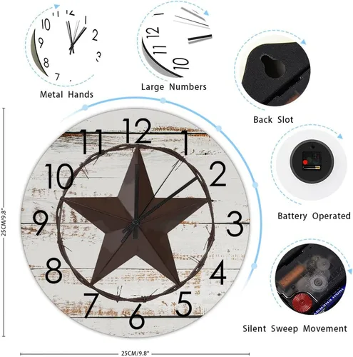 Vista 2 de Reloj de pared con diseño de estrellas de Texas, silencioso, funciona con pilas, antiguo estilo occidental, decoración del hogar para dormitorio