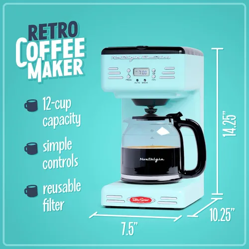 Vista 2 de Nostalgia Cafetera programable retro de 12 tazas con pantalla LED, apagado automático y mantiene el calor, función de pausa y servicio, aguamarina