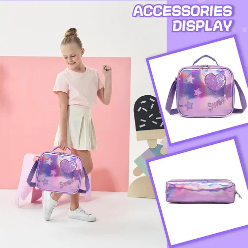Vista 30 de Mochila para niñas de 16 pulgadas, mochilas para niñas para la escuela, mochila de lentejuelas con lonchera para estudiantes de primaria