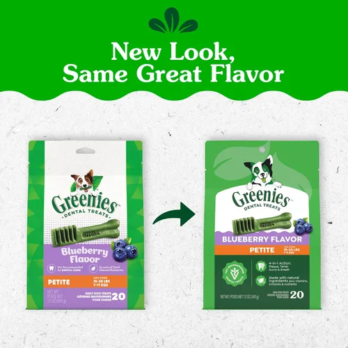Vista 2 de Greenies Golosinas dentales naturales para perros adultos recomendadas por veterinarios, tamaño pequeño, sabor arándano, paquete de 12 onzas, 20