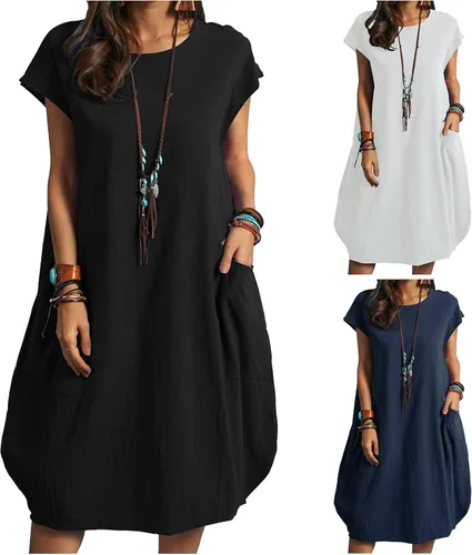 Vista 3 de SERYU Vestido largo holgado de lino liso para mujer con bolsillos y bolsillos