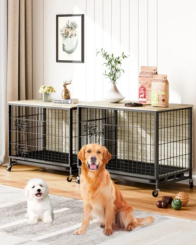 Vista 9 de Furniture Style - Jaula para perros con bandeja extraíble y ruedas, mesa auxiliar de jaula de doble puerta resistente, 38.6 pulgadas, casa de Marrón