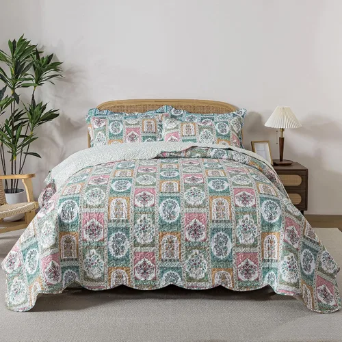 Vista 32 de Juego de cama de dos piezas, tamaño individual, de microfibra, reversible, de retazos, estilo floral, todas las estaciones, patrón de porcelana azul