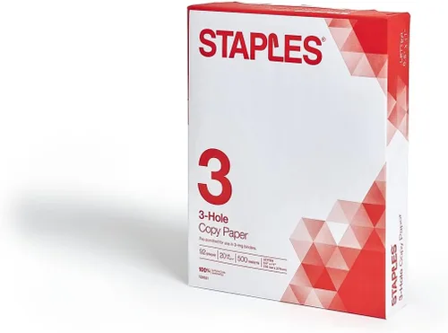 Vista 5 de Staples Papel de copia perforado reciclado de 3 agujeros, 20 libras, blanco