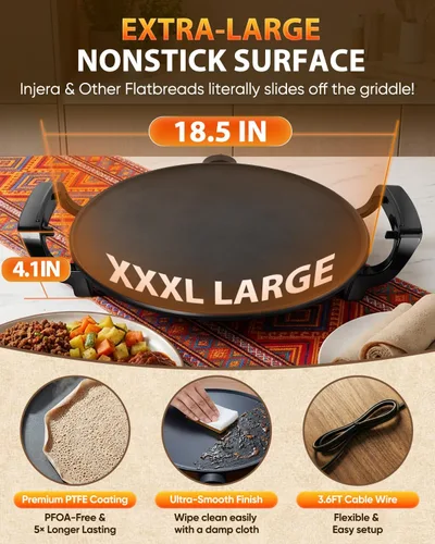 Vista 3 de Ethiopian Injera Maker Mitad (Mogogo), plancha eléctrica con temperatura y tiempo ajustables, superficie antiadherente para Lefse noruego