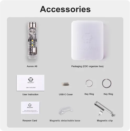 Vista 8 de RovyVon 4ª linterna Aurora A8 USB-C EDC, 90 CRI 5000K, luz de llavero recargable máxima de 420 lúmenes, encendido momentáneo, modo de bloqueo