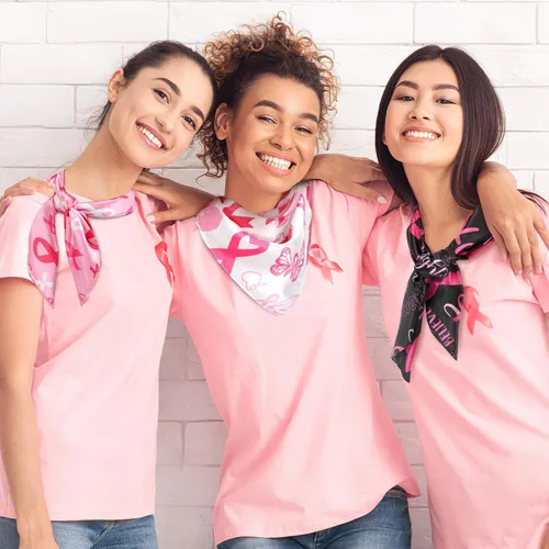 Vista 2 de Percozzi Bufandas cuadradas de cinta rosa para concientización del cáncer de mama, bufandas sedosas, 3 pañuelos de seda con patrón de cinta