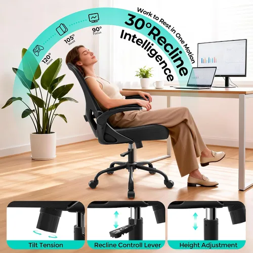 Vista 4 de AreShark Silla de Oficina - Silla de Escritorio Ergonómica de Malla Respirable con Soporte Lumbar Ajustable y Reposabrazos Abatibles - Silla