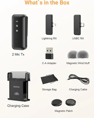 Vista 6 de BILIWAL Micrófono Lavalier inalámbrico para iPhone/Android/Laptop con protector de viento magnético/parche/clip, mini micrófono con reducción