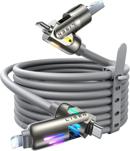 Vista 17 de Cable USB C de LISEN de 3 pies para cargador Samsung tipo C, cable de carga 4 en 1 con luz, cable de carga múltiple para iPhone 16 15 14 Pro Rosa