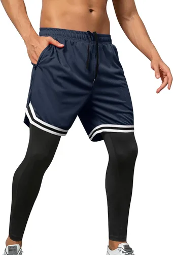 Vista 2 de SILKWORLD Pantalones de correr 2 en 1 para hombre, pantalones deportivos de compresión, leggings de entrenamiento con bolsillos con cremallera
