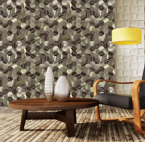Vista 2 de Azulejo de pared hexagonal 3D de 5 hojas para cocina, baño, sala de estar, adhesivo de mosaico de metal de aluminio autoadhesivo de 11.4 x 11 x 0.15