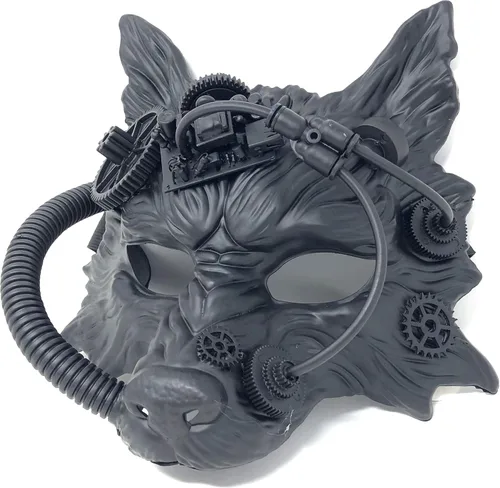Vista 7 de Máscara de lobo de estilo steampunk, aterrador, terror, diablo, lobo, mascarada, disfraz de Halloween, cosplay, fiesta Negro