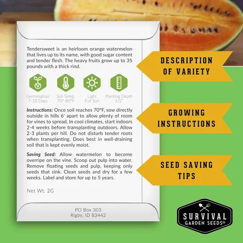 Vista 2 de Survival Garden Seeds -Semilla de sandía de naranja tierna para plantar - Paquete con instrucciones para plantar y cultivar deliciosas sandías en tu