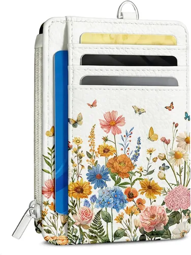 Vista 22 de Cartera delgada para mujer - Soporte para tarjetas de crédito con bloqueo RFID, cartera de piel sintética con ventana de identificación y bolsillo