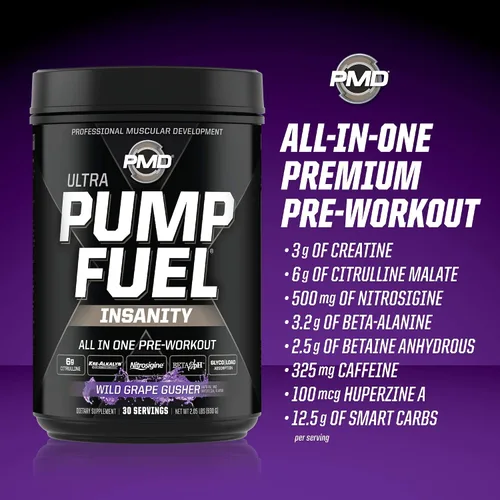 Vista 4 de PMD Sports Ultra Pump Fuel Insanity - Pre entrenamiento - Grape Gusher (30 porciones) Sports Omega Cuts Elite Thermogenic Fat Burner
