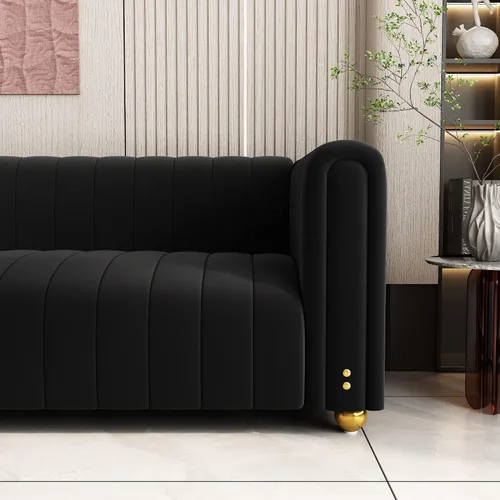 Vista 4 de Sofá capitonado Chesterfield de terciopelo tapizado de 81 pulgadas de ancho, 3 plazas, cómodo sofá para sala de estar, dormitorio, oficina Negro