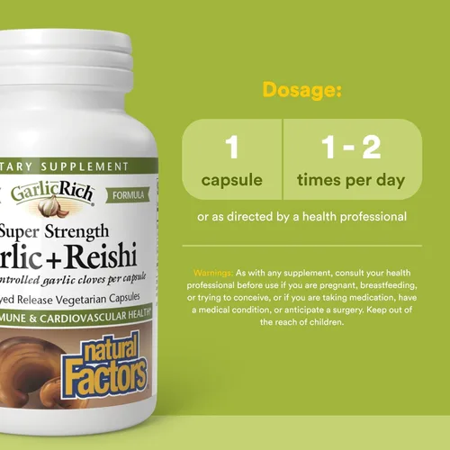Vista 3 de Natural Factors GarlicRich Garlic + Reishi - Suplemento de apoyo inmunológico y cardiovascular - con hongo Reishi orgánico - Sin OMG y sin gluten