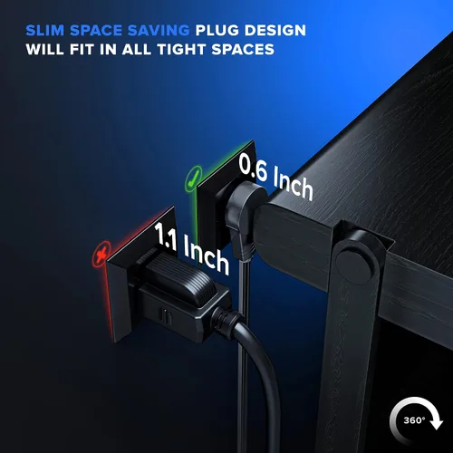Vista 4 de Maximm Cable de extensión de 1 pie con puertos USB, enchufe plano giratorio 360, 3 salidas (2 puertos USB), conectado a tierra (negro)