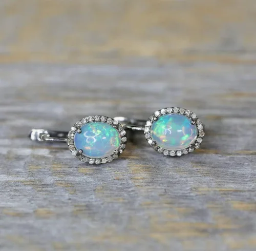 Vista 3 de Aretes ovalados con piedras preciosas de ópalo auténtico, con diamantes genuinos, idea de regalo para el día de San Valentín y Día de la Madre