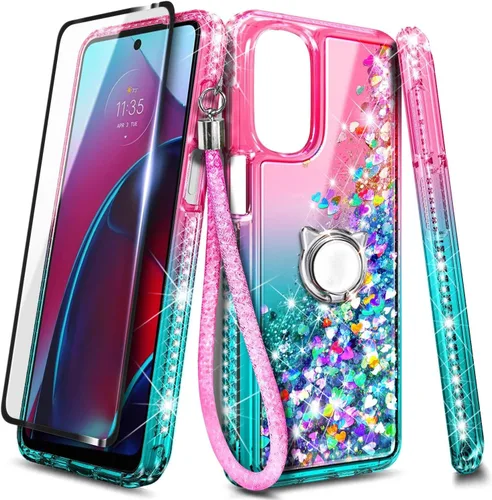 Vista 6 de NZND Diseñado para Motorola Moto G Stylus-5G-2022 (no compatible con la versión 4G) rosa/aguamarina, bonita cubierta líquida flotante con purpurina