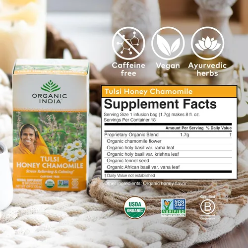 Vista 6 de Organic India Tulsi - Bolsas de té de manzanilla y miel - Té de hierbas para aliviar el estrés y calmar, apoyo inmunológico, adaptógeno, sin gluten