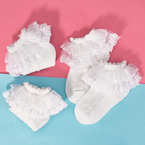 Vista 5 de Looching 45 pares de calcetines de encaje con volantes para bebé y niña, con ojales, color blanco, de princesa, de algodón, lindos calcetines