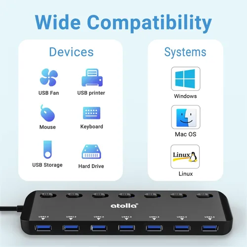 Vista 3 de atolla Divisor de concentrador USB 3.0 de 7 puertos, extensor USB Ultra Slim Data USB Hub con interruptor de alimentación individual y LED