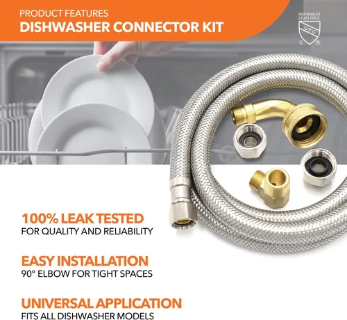 Vista 5 de Kit de instalación universal para lavavajillas, compresión de 3/8 pulgadas, manguera de acero inoxidable trenzada de 4 pies de largo + codo