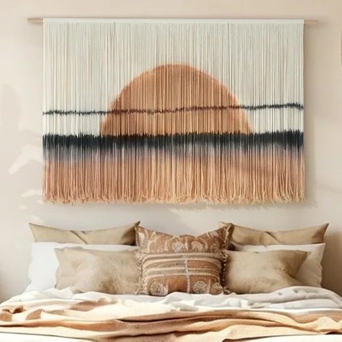 Vista 3 de macramé para colgar en la pared, teñido de inmersión, puesta de sol, decoración de pared, arte de fibra de 57 pulgadas de ancho x 35