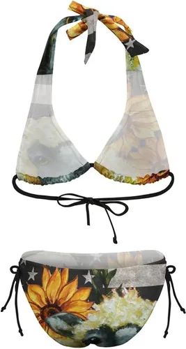 Vista 8 de Bikini Women Girl Push Up Flag Farm Sunflower Tops Bottoms Bathing Suit Sea Removable Padding Bra Halter String