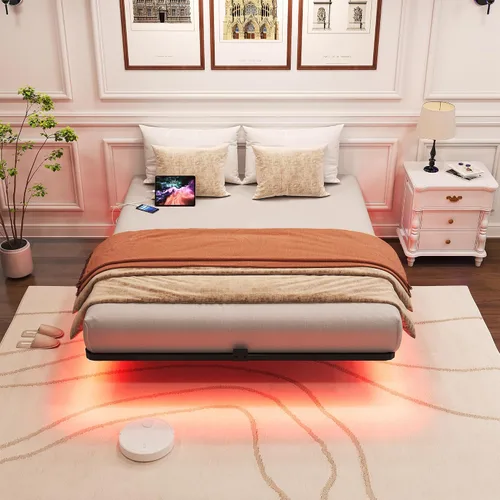Vista 7 de Base de cama flotante con luces LED y estación de carga - Base de cama moderna de plataforma metálica con juntas de colchón - Libre de ruido,