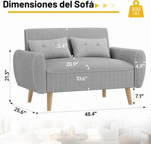 Vista 2 de JAMFLY Sofá biplaza pequeño de 47 pulgadas, sofá compacto de 2 asientos con patas cónicas, muebles tapizados gris claro, marco de madera maciza