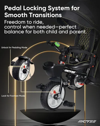 Vista 3 de RIDYEE 7-en-1 Triciclo plegable para niños pequeños de 18 meses a 5 años, cochecito triciclo con frenos duales, neumático de goma todo terreno