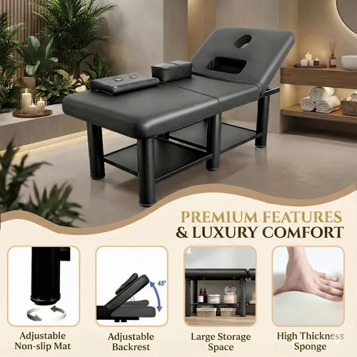 Vista 4 de Mesa de masaje estacionaria de 32 pulgadas de ancho, cama de masaje resistente de 2000 libras, cama de pestañas con respaldo ajustable, cama de spa