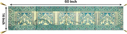 Vista 6 de Brocade - Camino de mesa de café jacquard verde oscuro, rectangular, bohemio, tradicional, decoración de sala de estar, elefante pavo real, mantel