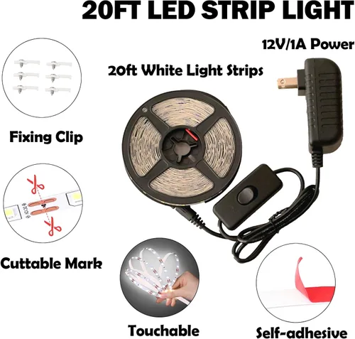 Vista 4 de Kit de tira de luz LED blanca de 20 pies, tira de luz de 6500 K, 360 LED de 12 V, tiras de luz LED flexibles para dormitorio, cocina, debajo