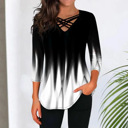 Vista 4 de Crop Tops for Women 34 Sleeve Criss Cross Tops Sexy Fashion Gradient Color Print Tops Blouse 2023 Summer New Tunic Shirts