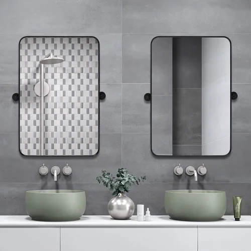 Vista 7 de Espejo de baño rectangular pivotante de 18 x 24 pulgadas, inclinable, biselado, con marco de metal negro, espejos de tocador para pared, vidrio